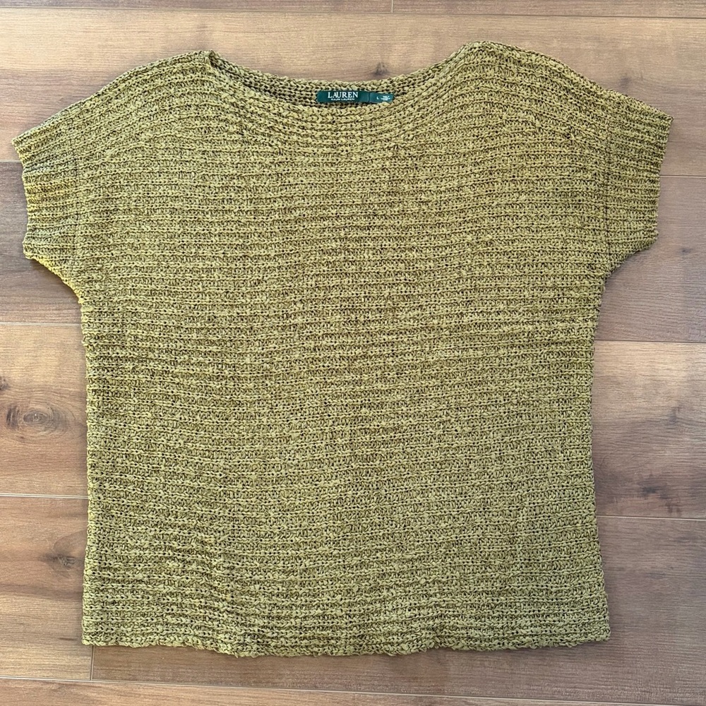 Lauren Ralph Lauren Darbye Tape Crochet Sweater Womens Large Green Textured Knit